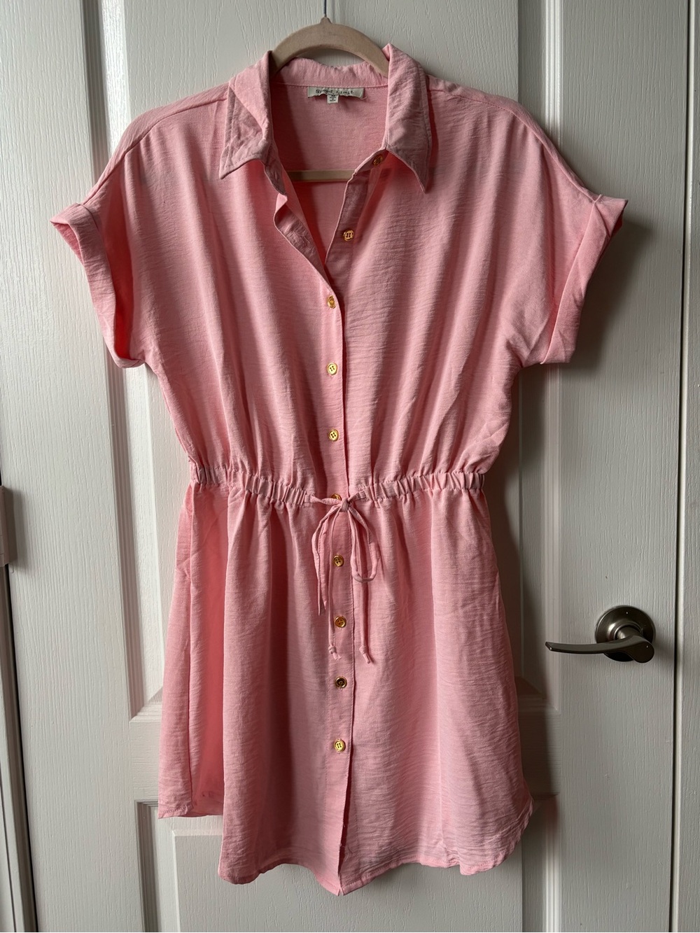 Light Pink Button-Front Drawstring Shirt Dress